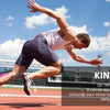 A muscular man is performing a stretch or exercise while wearing OKTAPE kinesiology tape on his arm and leg.