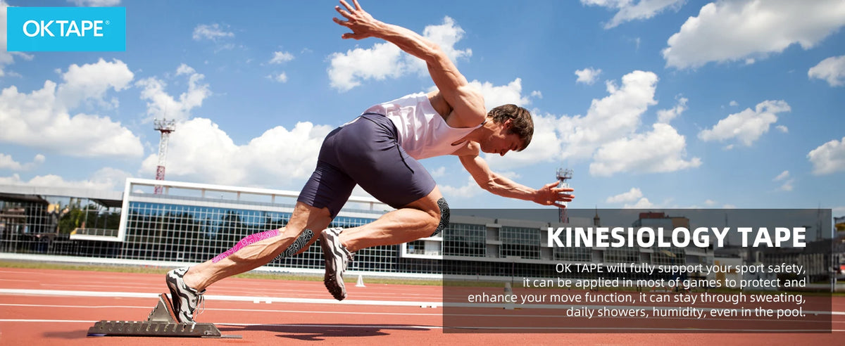 A muscular man is performing a stretch or exercise while wearing OKTAPE kinesiology tape on his arm and leg.