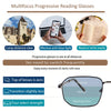 Multifocus progressive reading glasses demonstrating distance transition and reading area zones