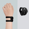 A black elastic pressure wrist strap is shown on a person's wrist and separately, demonstrating its design.