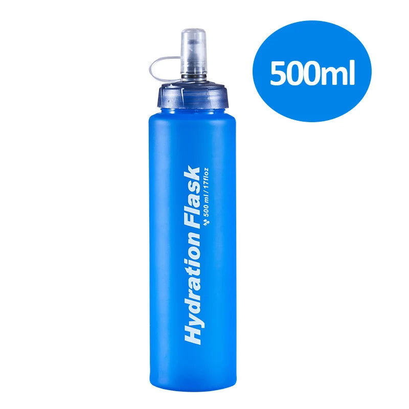 A bright blue durable TPU sports water flask with a clear cap and 500ml capacity marker.