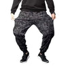 Men's camouflage elastic waist drawstring pants shown from the front view.