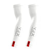 Pair of white breathable arm sleeves with black lettering and red accents