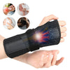 Black adjustable wrist brace with dual metal splints shown on a hand.