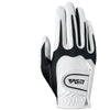A close-up view of a white and black men's golf glove.