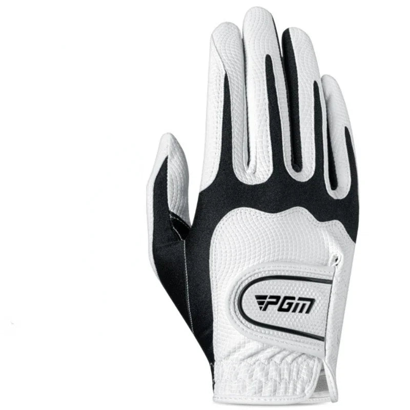 A close-up view of a white and black men's golf glove.