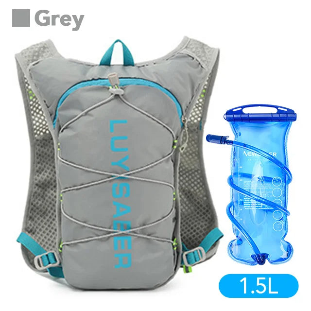 Grey LuzSacker backpack with blue accents and a 1.5L water bottle