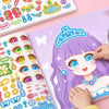 Una mano coloca pegatinas de caras de dibujos animados reutilizables en un diseño de personaje anime de pelo morado.