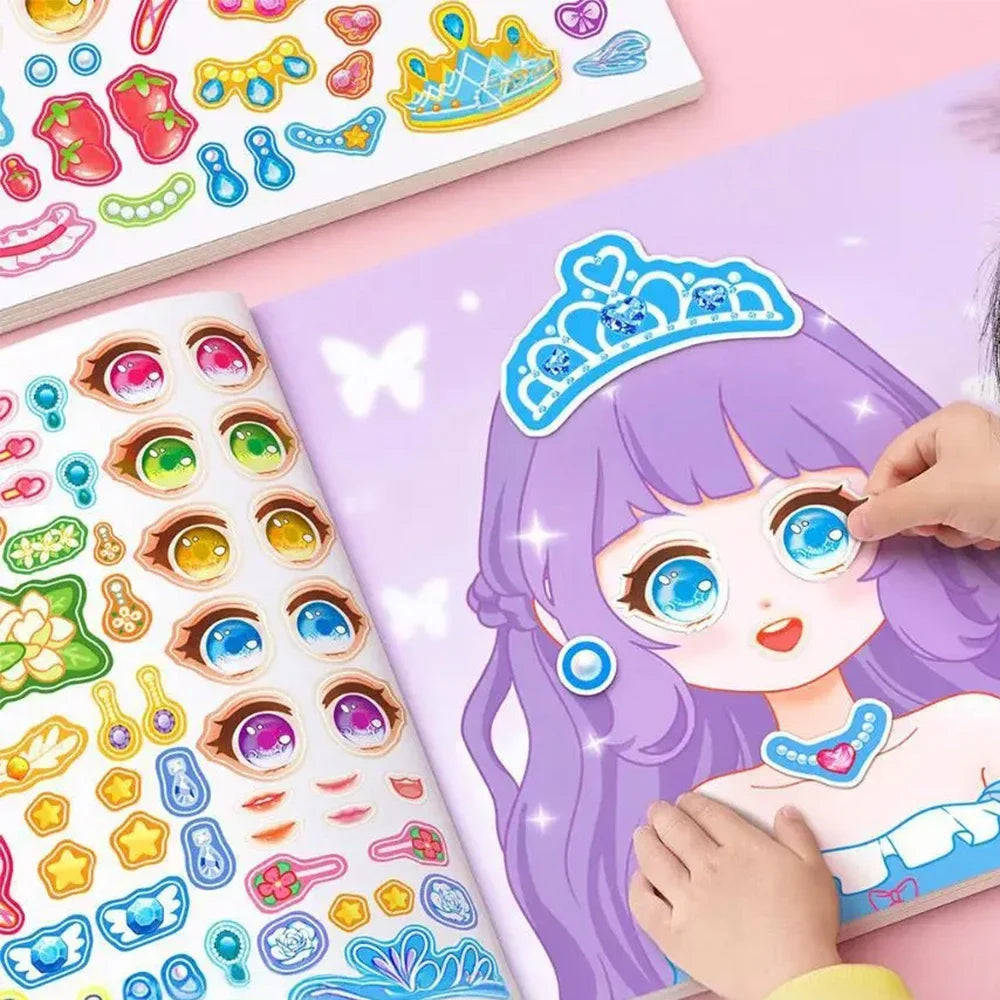 Una mano coloca pegatinas de caras de dibujos animados reutilizables en un diseño de personaje anime de pelo morado.