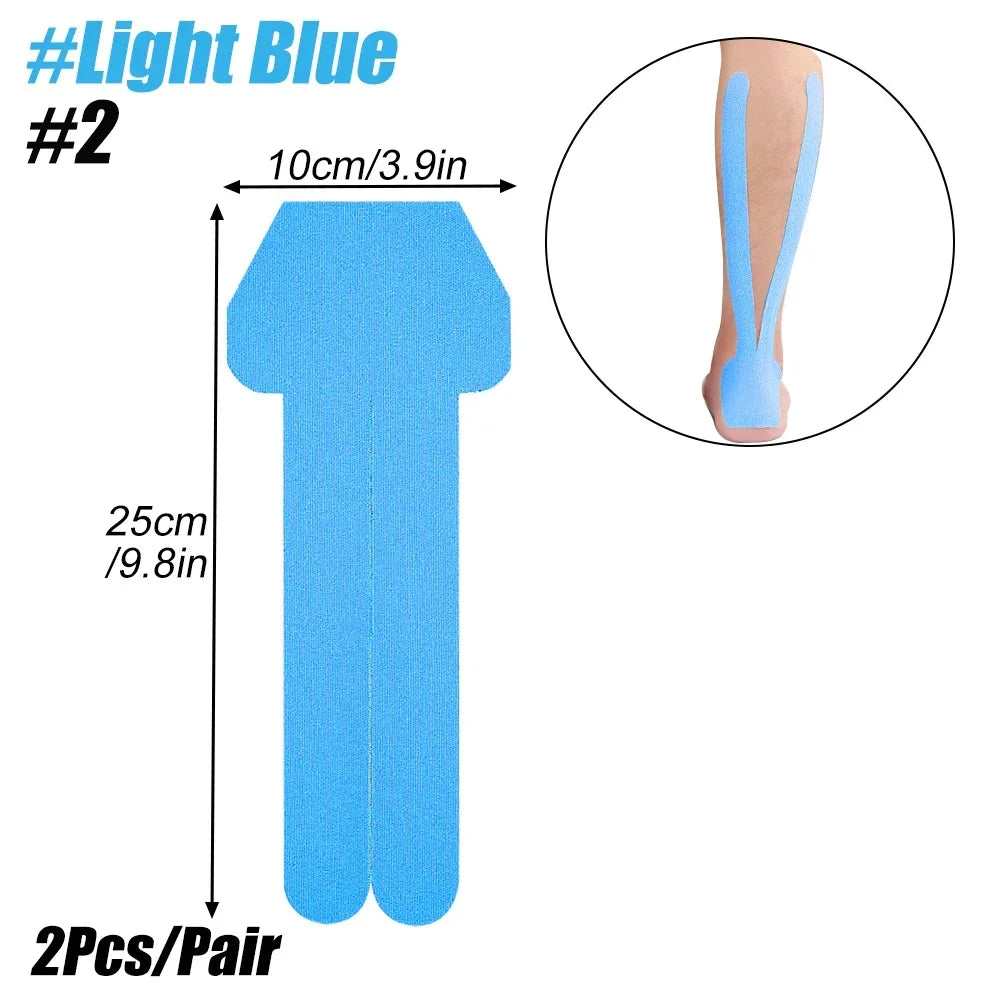 Light blue pre-cut kinesiology support tape shown with dimensions and usage example.