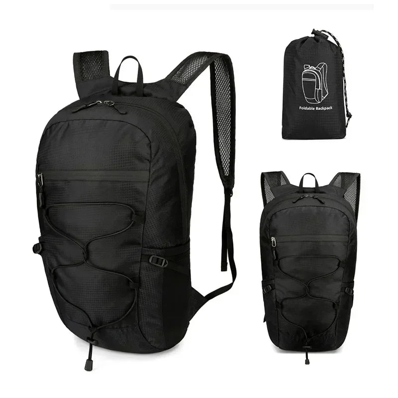 Black large capacity waterproof outdoor hiking backpack shown in three views