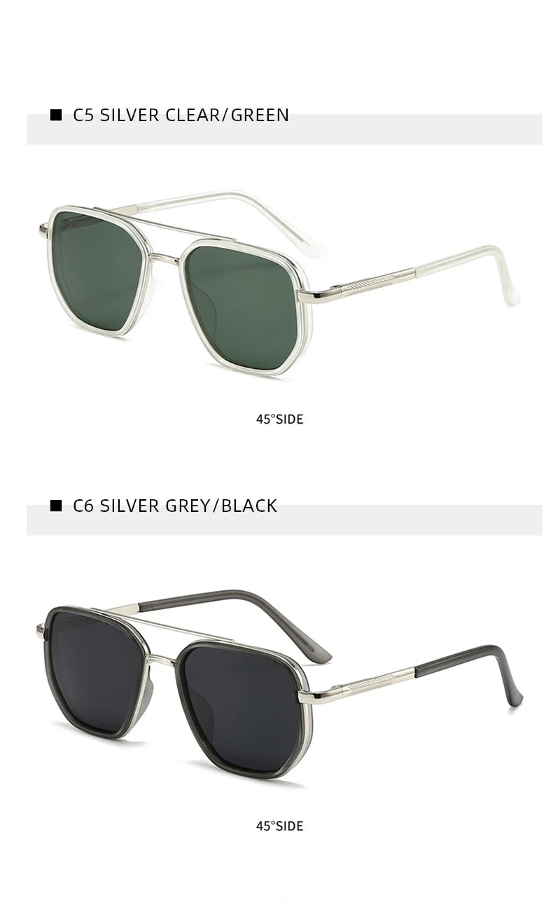 Silver clear/green sunglasses shown from the side view