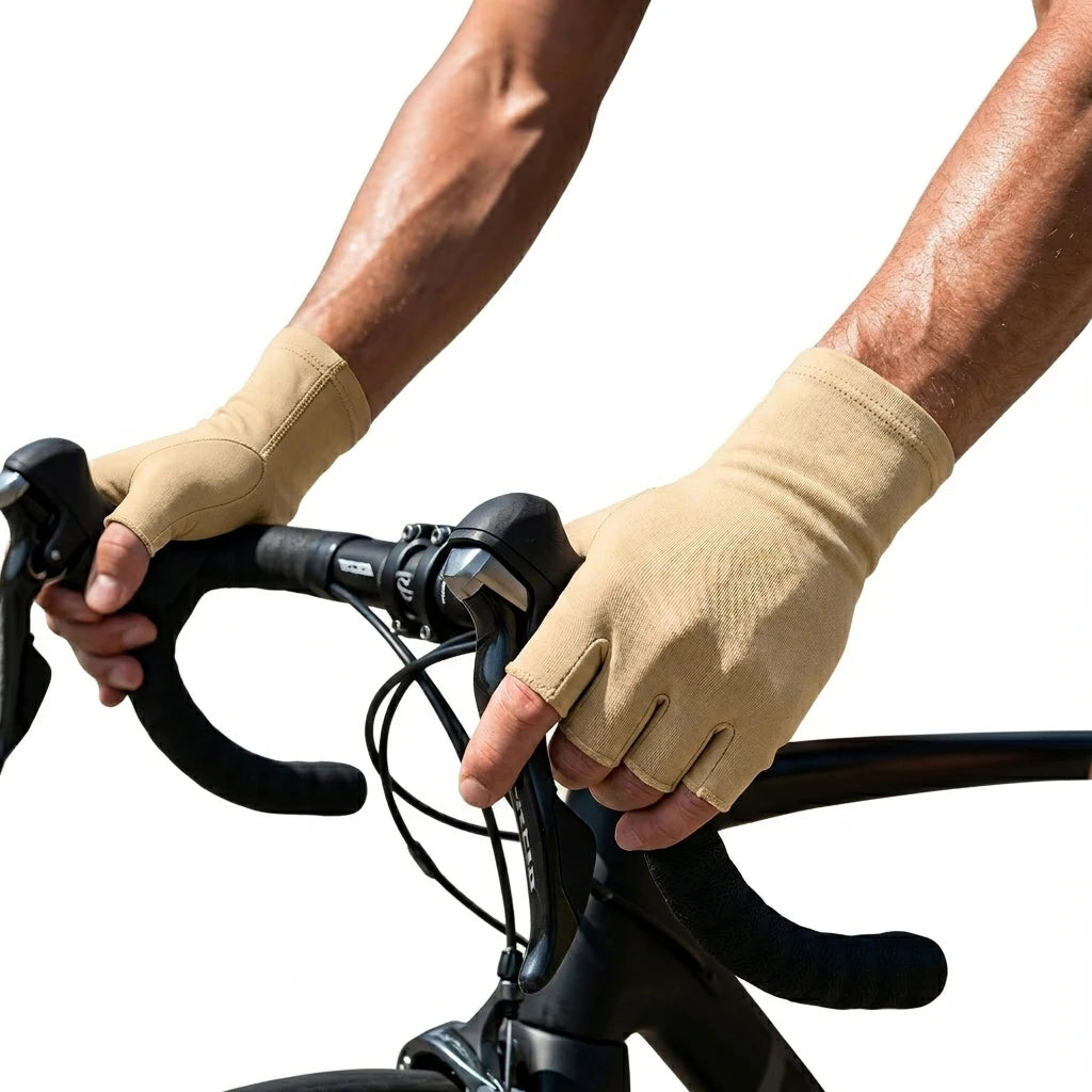 A person is wearing beige fingerless compression gloves while holding a bicycle handlebar.