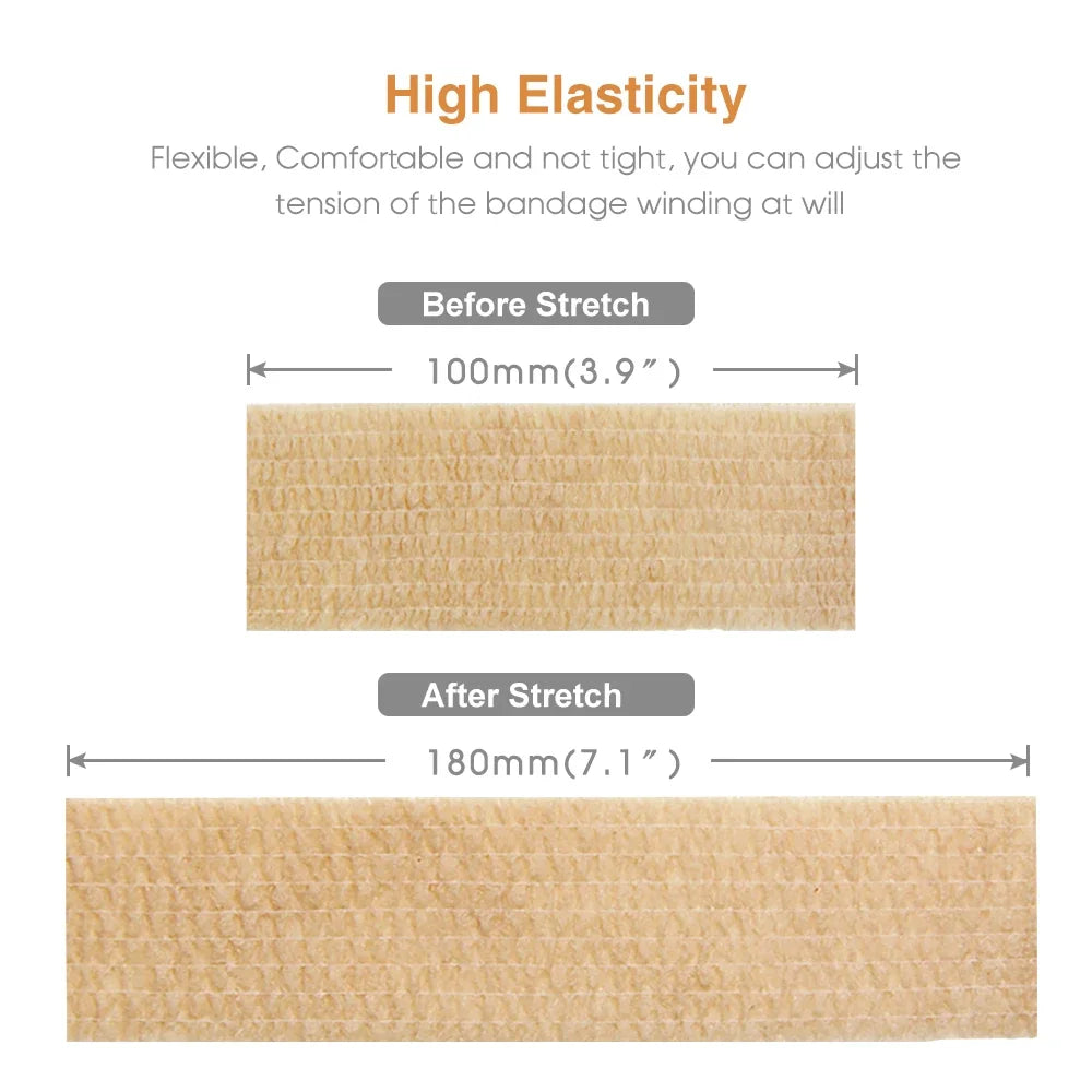 A comparison showing a flexible bandage before and after stretching, demonstrating its high elasticity.