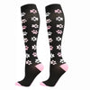 Black compression elastic socks with pink paw print patterns for sports and daily wear