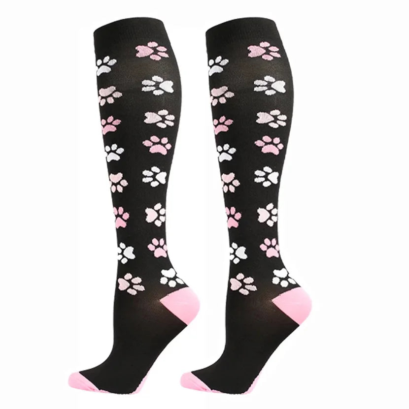 Black compression elastic socks with pink paw print patterns for sports and daily wear
