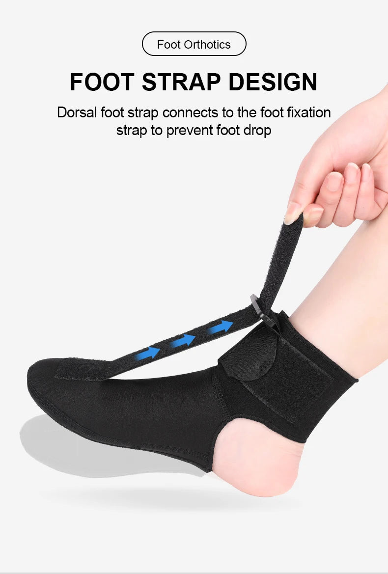 A black foot strap design showing a dorsal strap connecting to a foot fixation strap on a person's foot.