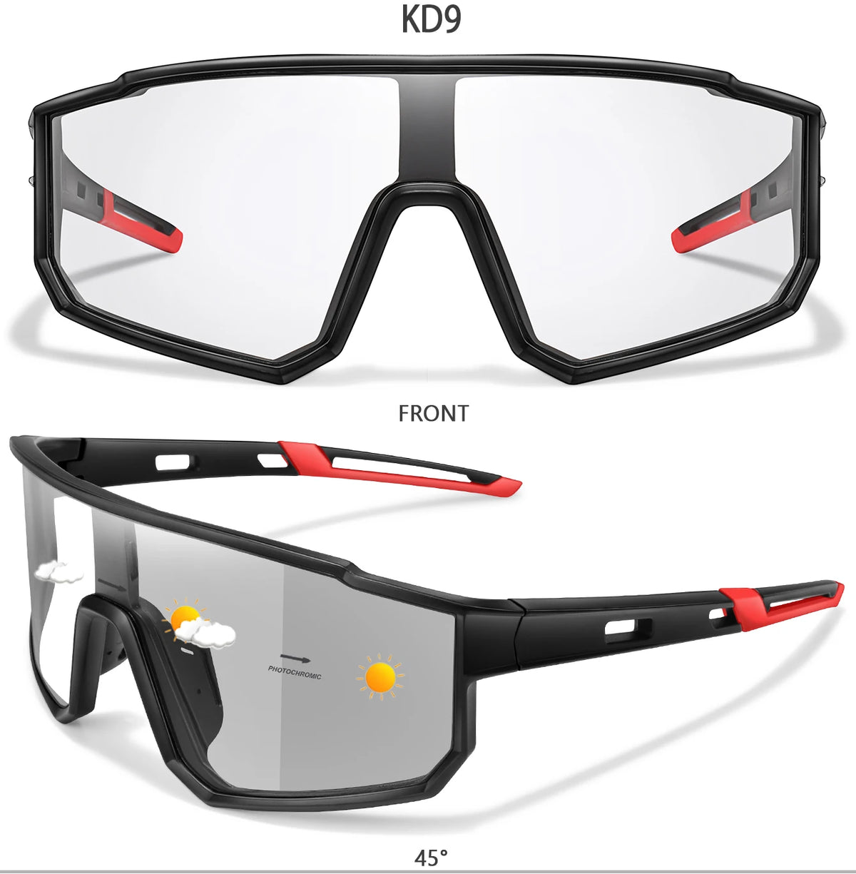 A pair of photochromic sports sunglasses shown in front view and a side profile, highlighting the lens tinting capability.