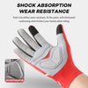 Red cycling gloves with gray palm material designed for shock absorption and wear resistance