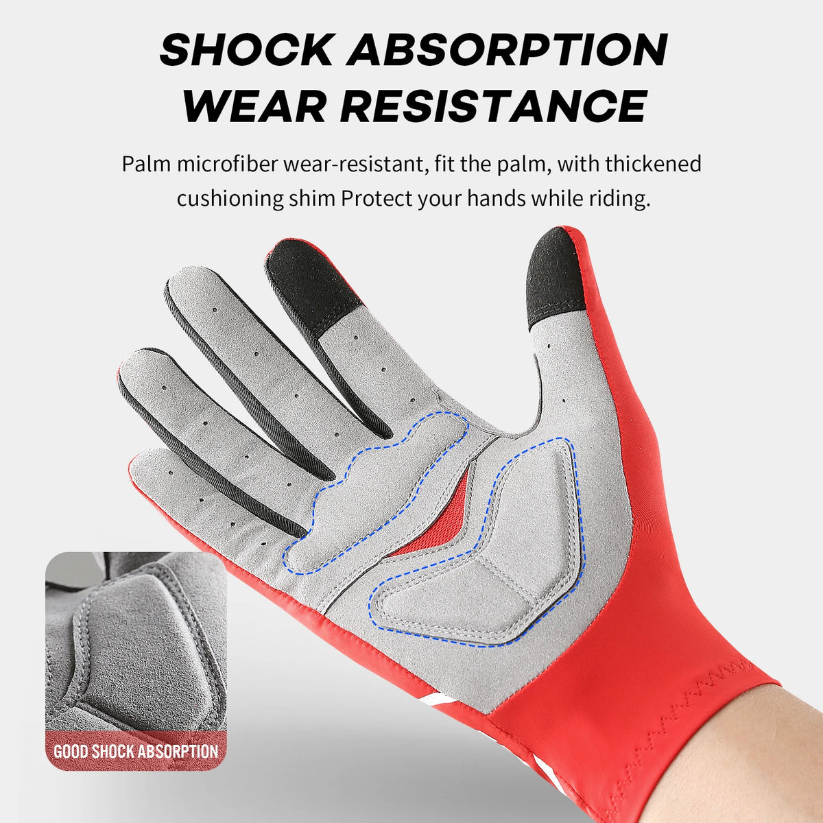 Red cycling gloves with gray palm material designed for shock absorption and wear resistance