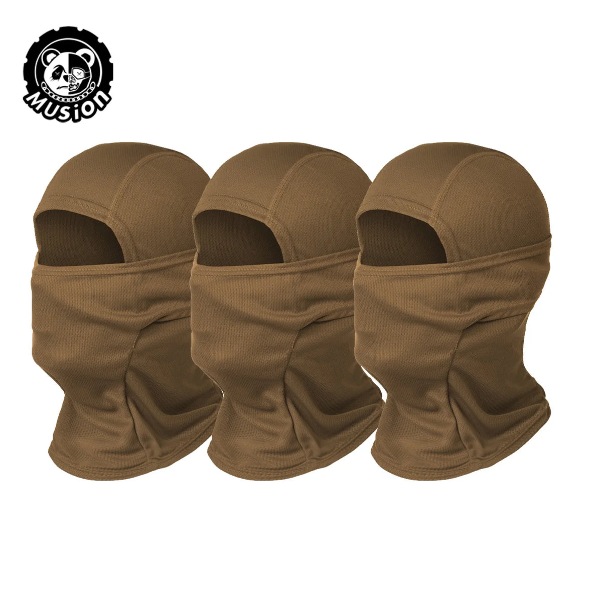 Three brown breathable mesh balaclava face masks displayed side by side.
