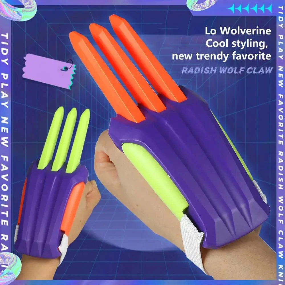 A hand holds an orange and purple radish wolf claw fidget toy for stress relief.