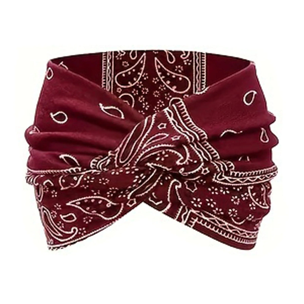 A deep maroon fabric headband featuring paisley patterns and a twisted design.