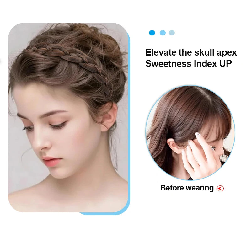 Before wearing photo showing a woman's hair styled in a twisted braid for an elevate sweetness index product.