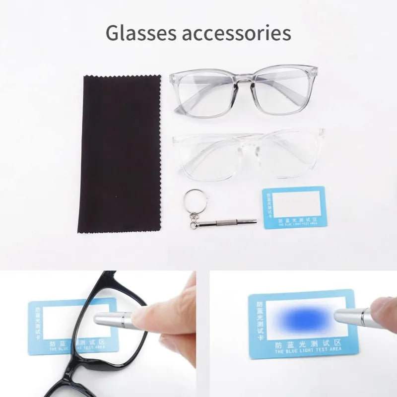 Glasses accessories including a pair of clear glasses and a blue light test card