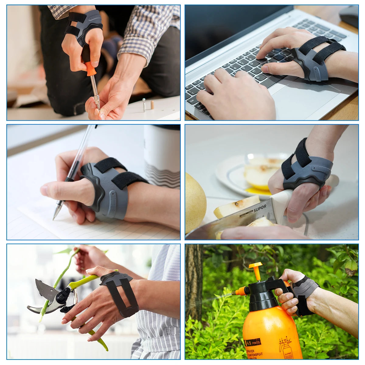 Manos demostrando el uso de una férula de pulgar CMC para alivio de artritis en varios contextos.