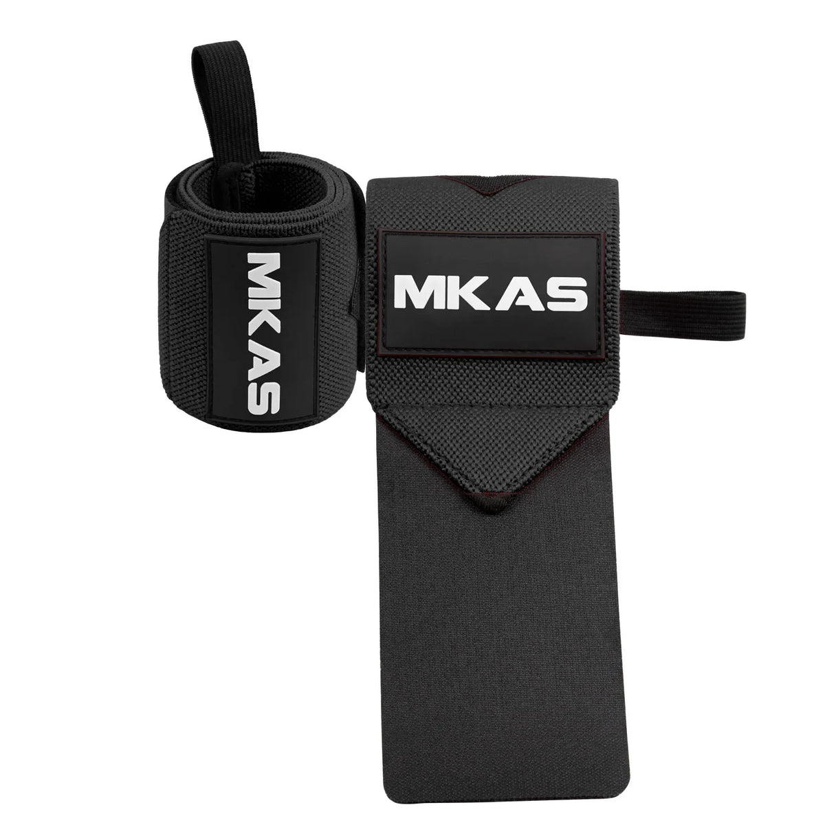 Black wrist support wraps with an MKAS logo and strap for fitness and lifting.