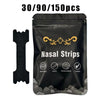 A black pouch containing nasal strips for snoring relief, labeled with features like breathable and hypoallergenic.