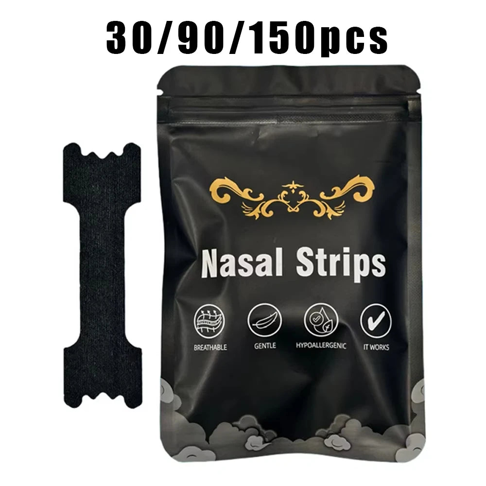 A black pouch containing nasal strips for snoring relief, labeled with features like breathable and hypoallergenic.