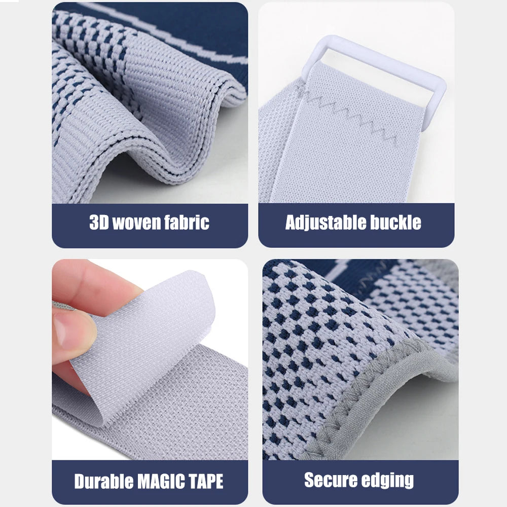 Close-up views of a purple and gray 3D woven fabric adjustable brace with a buckle, durable tape, and secure edging.
