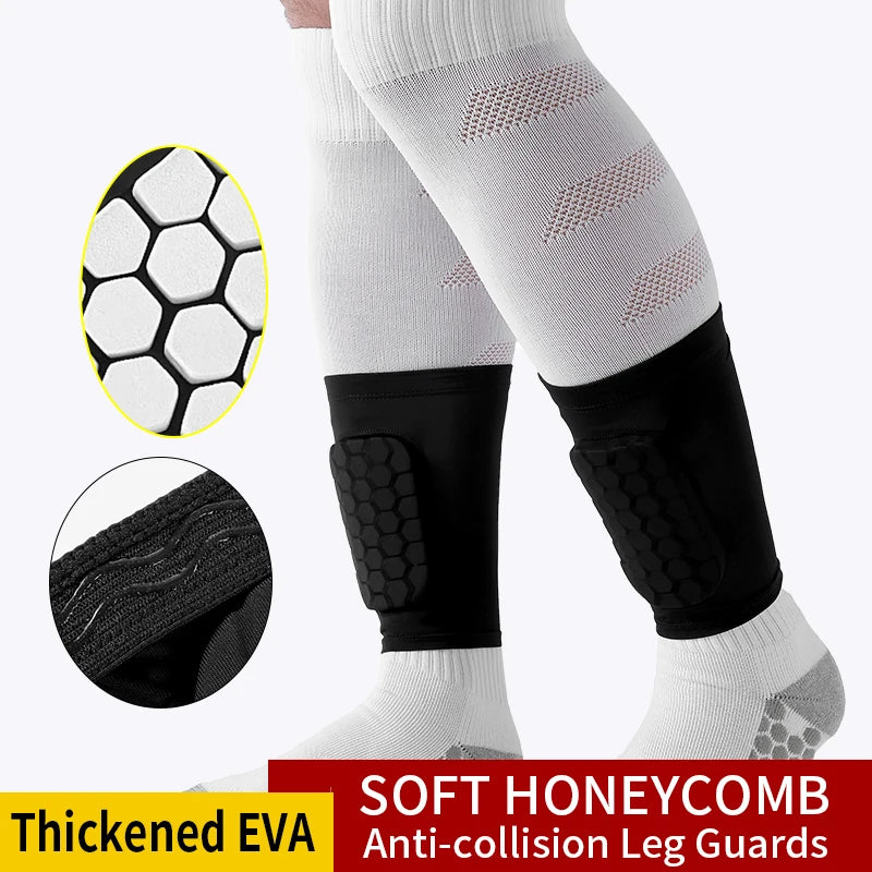 White leg guards with black knee pads and honeycomb design for football training