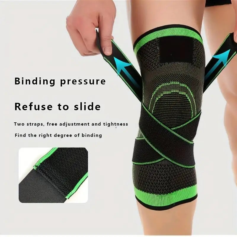 A hand is adjusting a black and neon green compression knee brace on a person's leg, demonstrating binding pressure.