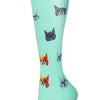 Light green compression socks featuring small cat face patterns.