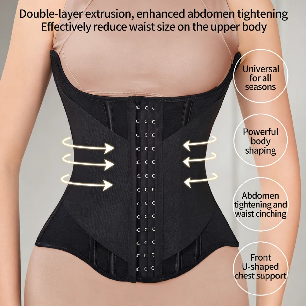 Black double-layer extrusion corset used for abdomen tightening and waist cinching.