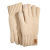 A pair of beige women's thermal touchscreen knit gloves shown flat.