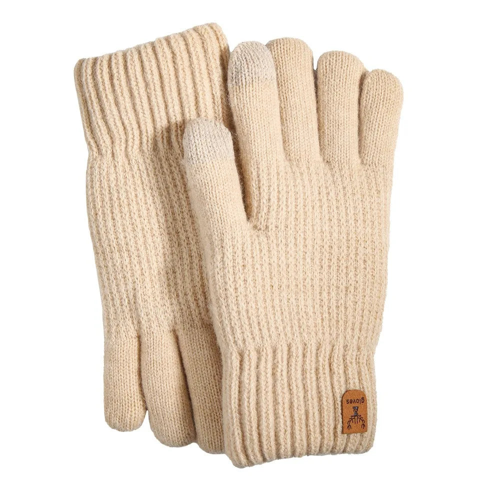 A pair of beige women's thermal touchscreen knit gloves shown flat.