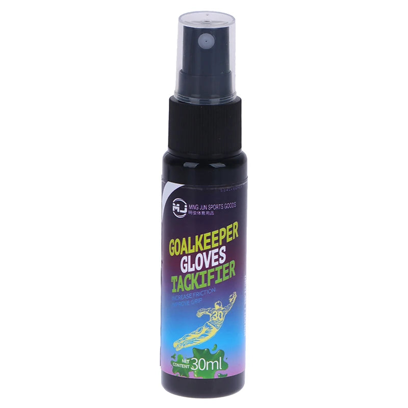 A dark bottle of Goalkeeper Gloves Tackifier spray with a black pump dispenser.