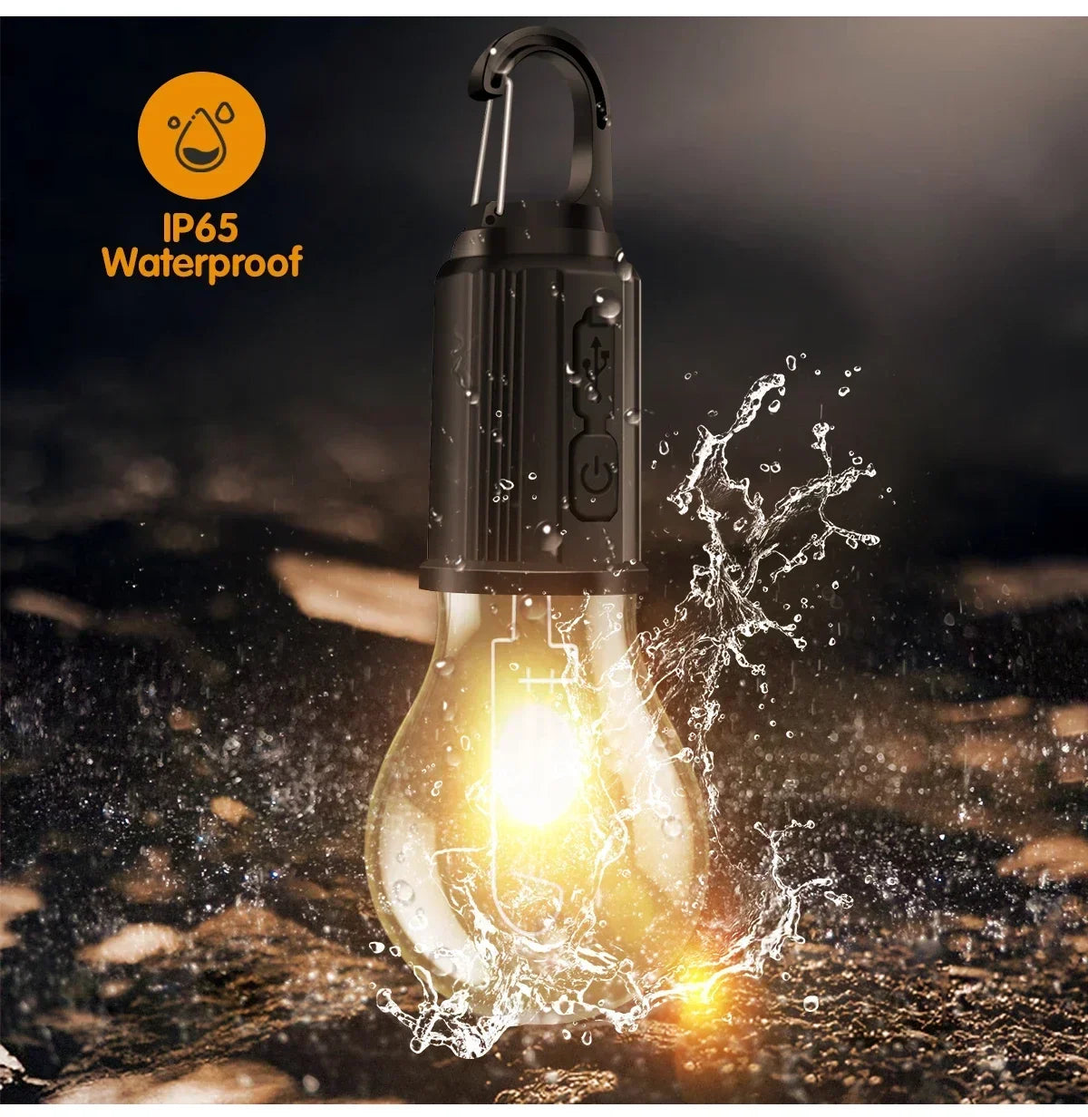 A black IP65 waterproof LED camping lantern illuminates a surface with water splashes.
