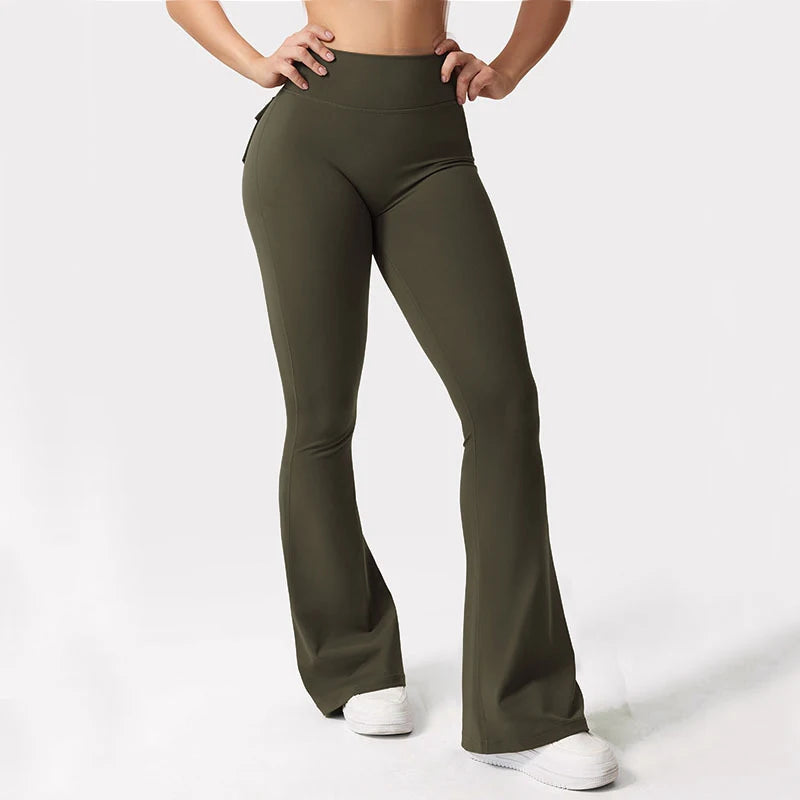 Olive green high stretch women's yoga leggings worn by a model.