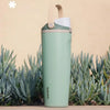 A light green Owala FreeSip Sway insulated travel mug standing in front of green succulent plants.