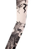 A long seamless tattoo sleeve featuring black ink designs of a horse's head and flowing lines on a light fabric.