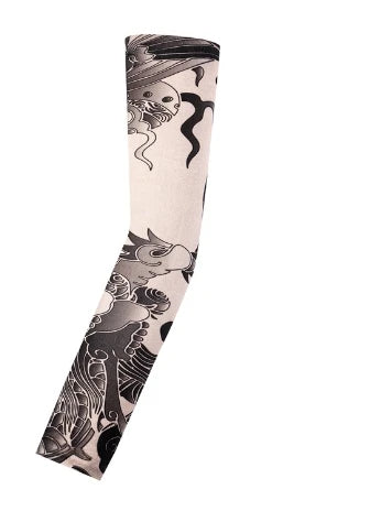 A long seamless tattoo sleeve featuring black ink designs of a horse's head and flowing lines on a light fabric.