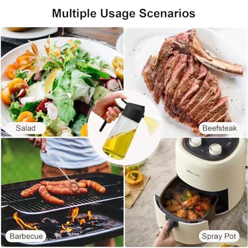 A glass oil sprayer is shown next to a plate of salad, steak, and barbecue food.