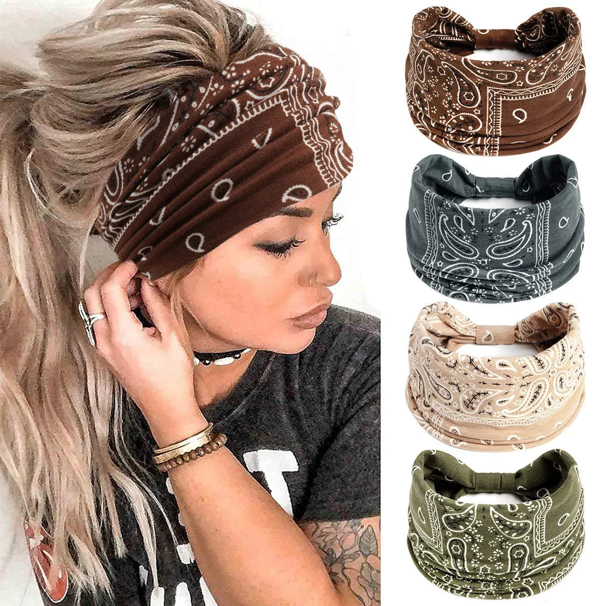 A woman wearing a brown bohemian cotton stretch headband and several other patterned headbands.