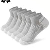 Six pairs of light gray athletic knit ankle socks displayed in a row.