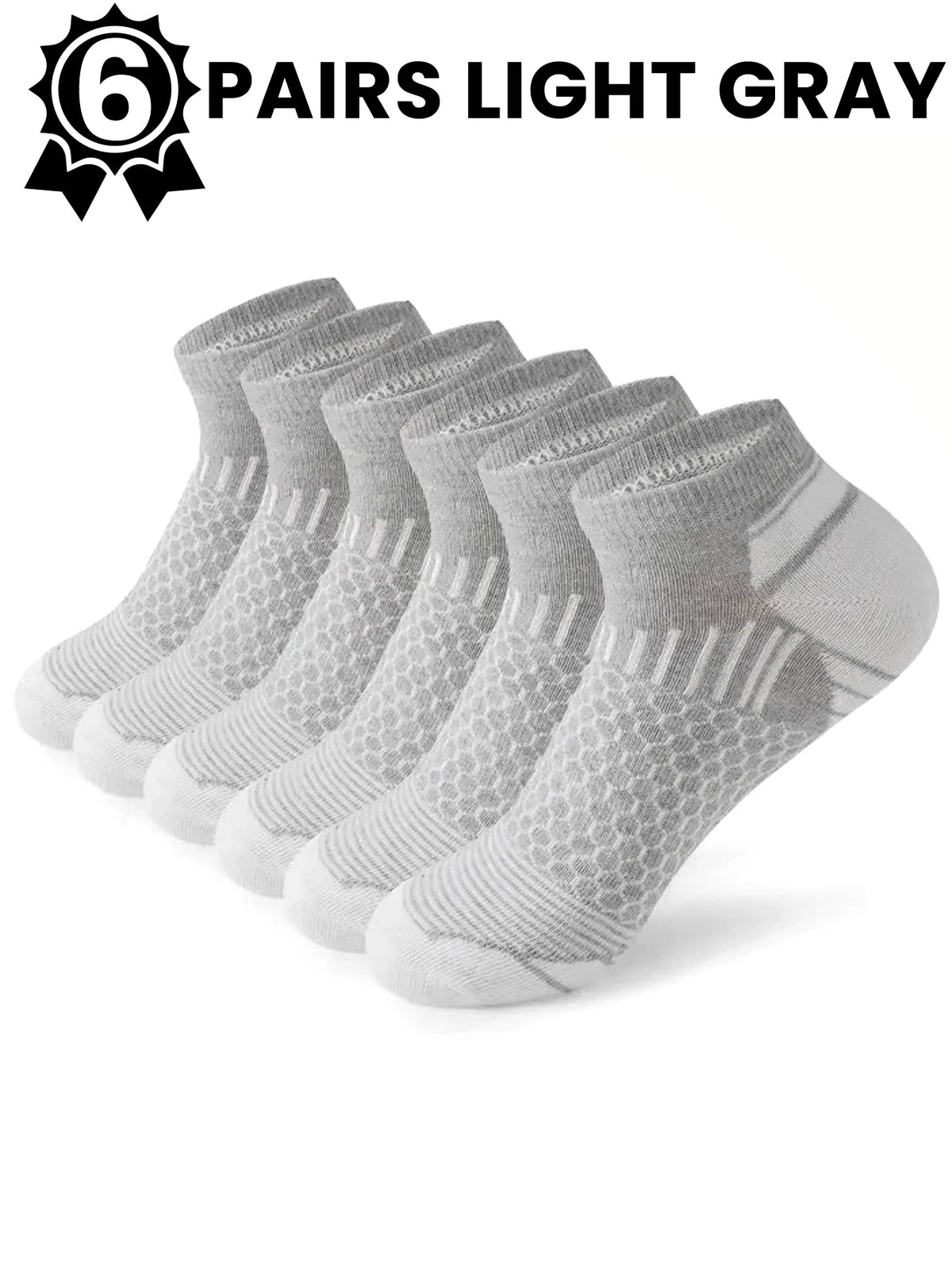 Six pairs of light gray athletic knit ankle socks displayed in a row.